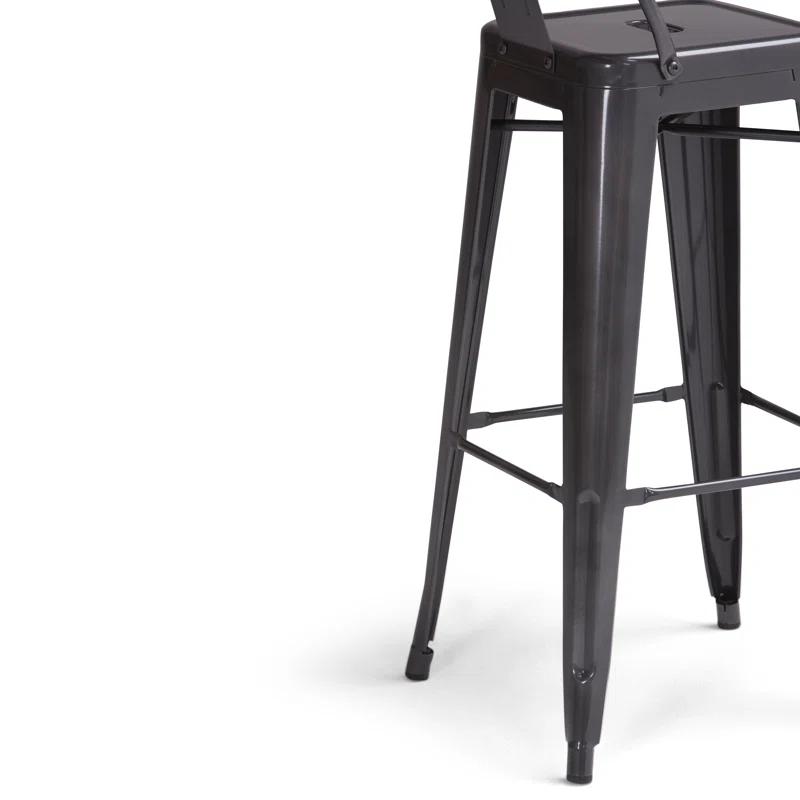 Simpli Home Rayne Metal Industrial Stool with Curved Back, Cross-Brace, and Footrest