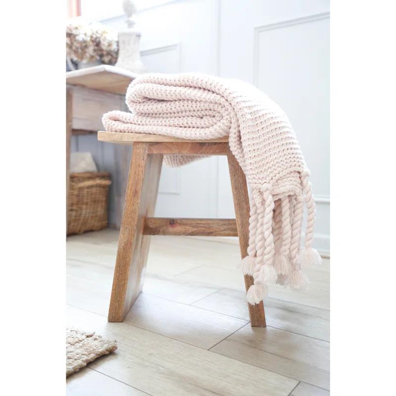 Blush Chunky Textured Weave Embroidered Throw with Braided Tassels