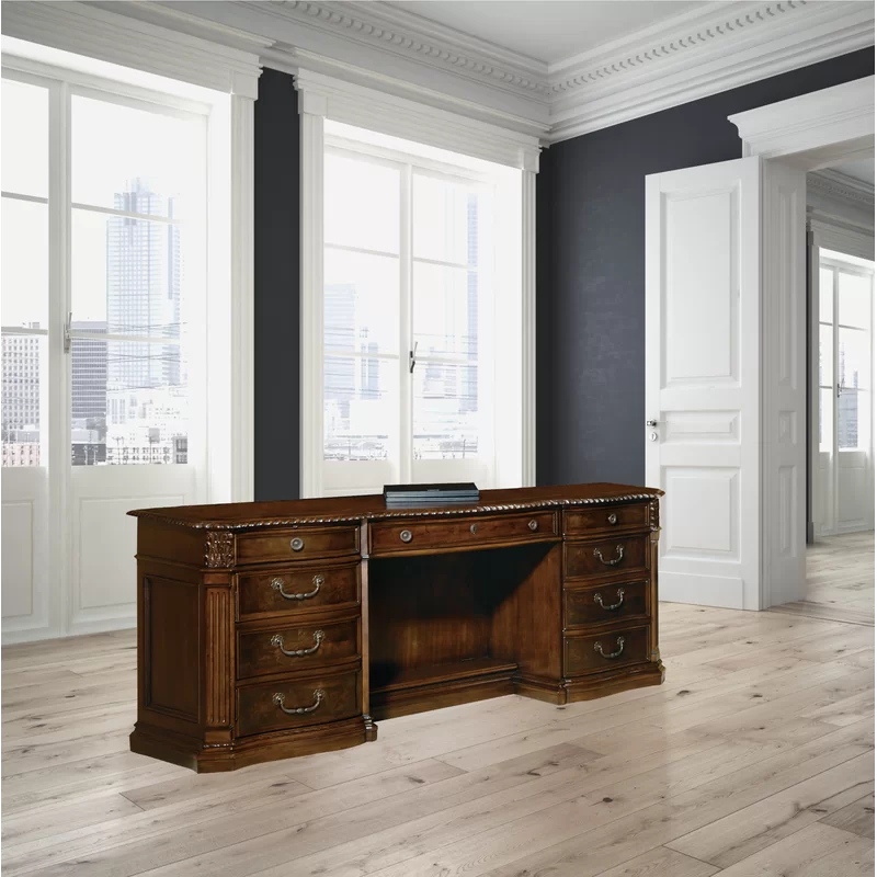 Traditional Walnut Executive Desk with Keyboard Tray and Filing Cabinet