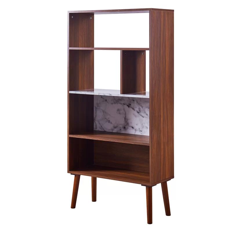 Kingston Mid-Century Modern White Walnut Bookcase with Faux Marble Top