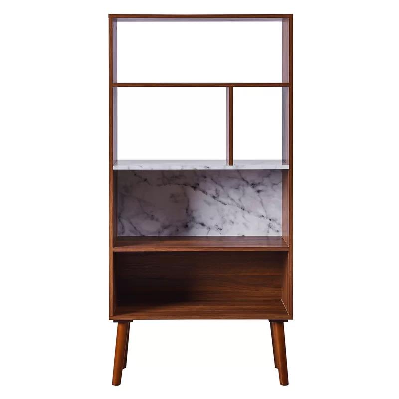 Kingston Mid-Century Modern White Walnut Bookcase with Faux Marble Top