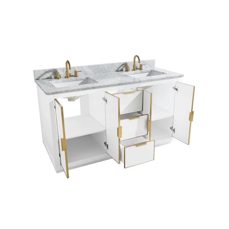 Contemporary 60" White Double Vanity with Marble Top and Gold Accents