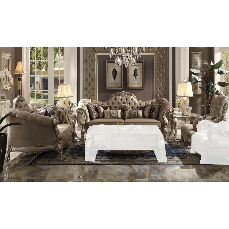 Dresden Bone Velvet & Gold Patina Tufted Sofa with Removable Cushions