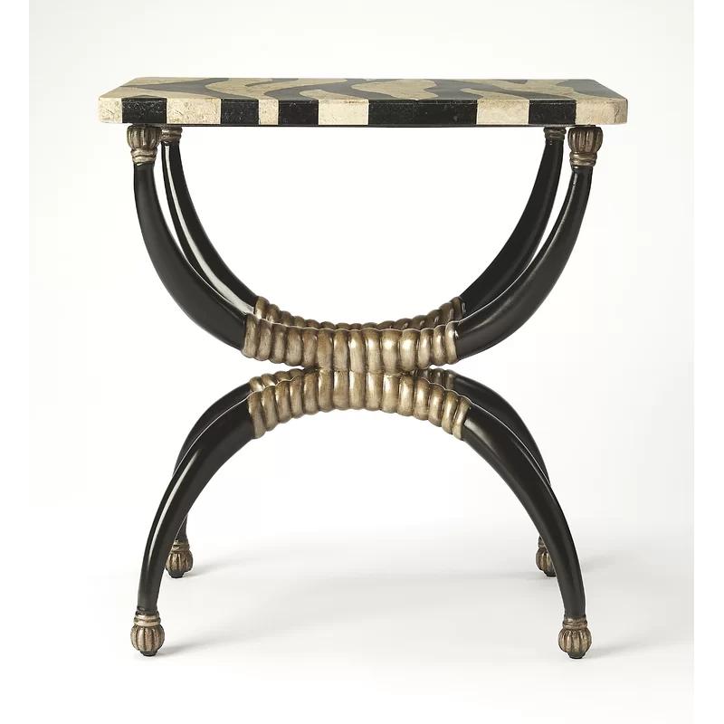 Safari-Inspired Zebra Fossil Stone Side Table with Brass Accents