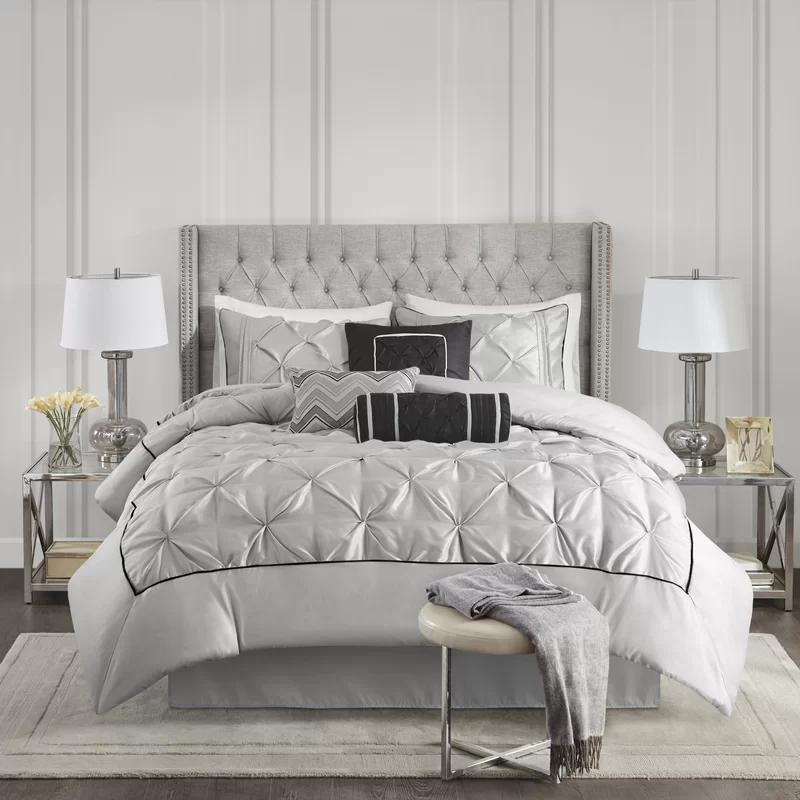 Madison Park Laurel 7-Piece Grey King Comforter Set with Stripes