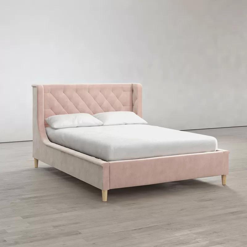 Ambrosia Pink Velvet Full Platform Bed with Tufted Headboard