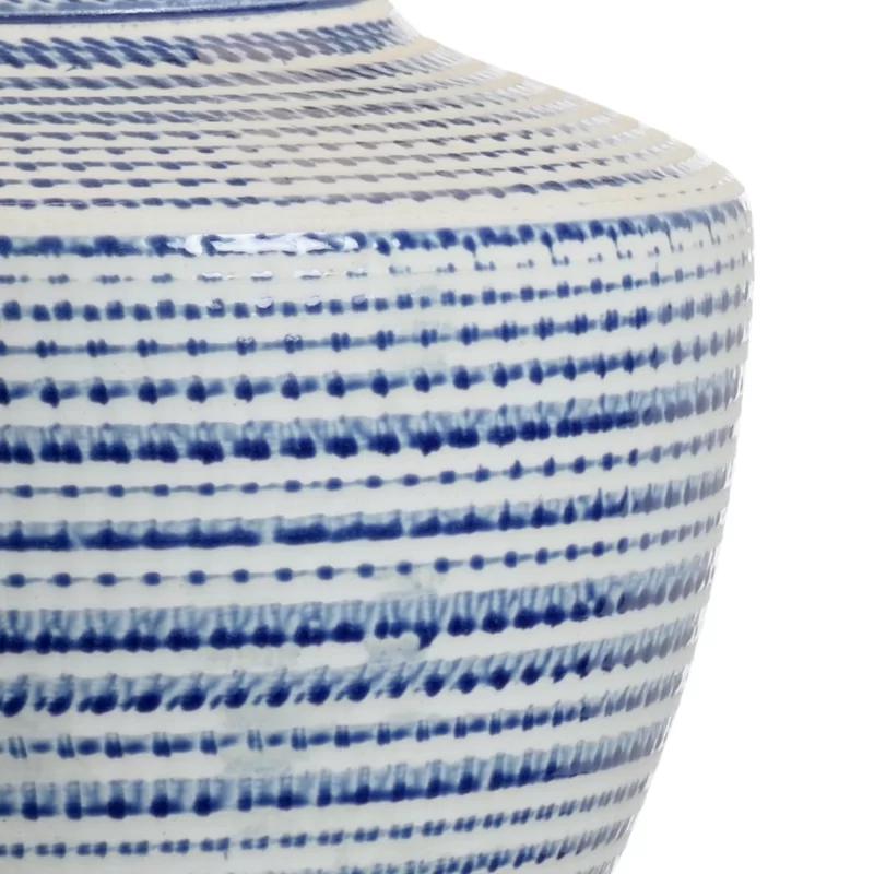 Coastal Blue-White Glazed Ceramic Table Lamp with Off-White Silk Shade