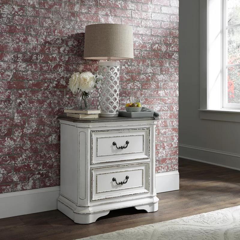 Elegant Whitewashed 2-Drawer Nightstand in Antique White with Bead Molding