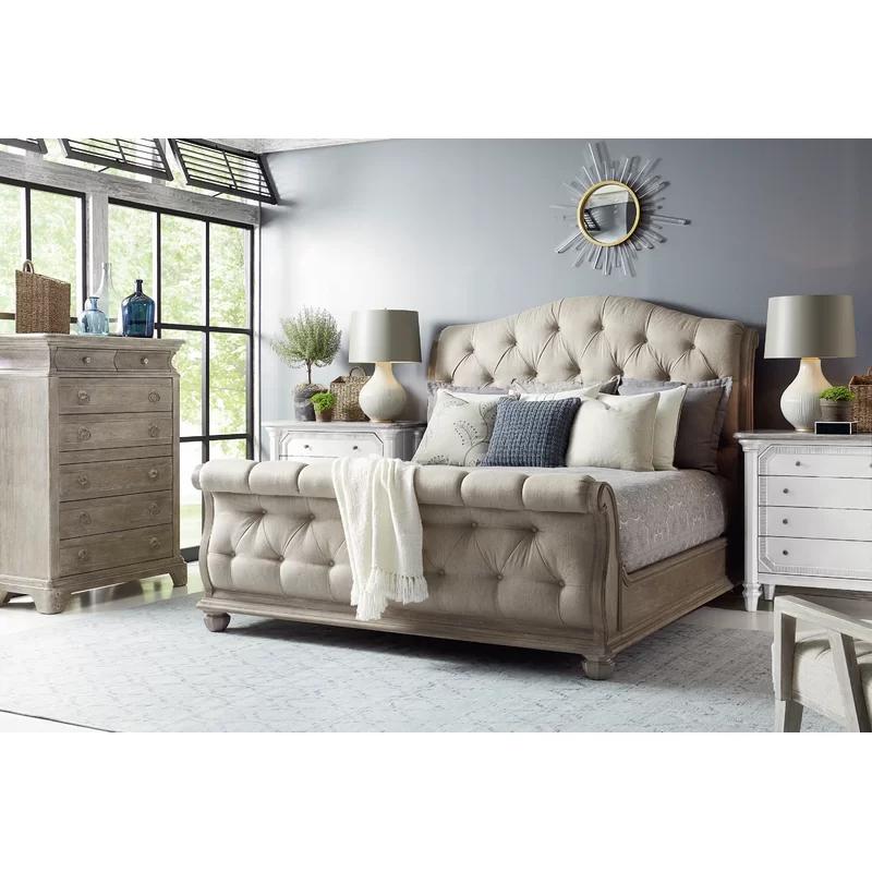Beige King Upholstered Tufted Sleigh Bed with Storage Drawer