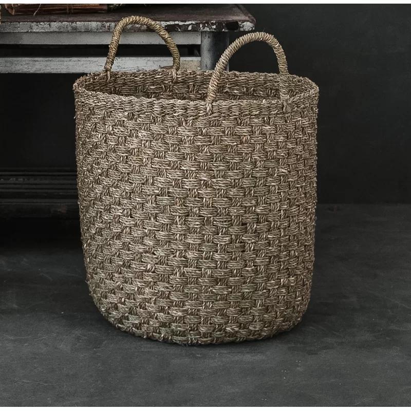 Handmade Cylindrical Seagrass Storage Basket with Woven Handles, Large