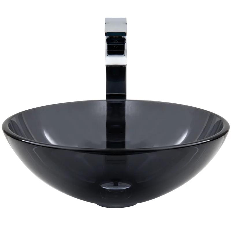 Sheer Black Glass Above-Counter Round Vessel Sink with Chrome Faucet