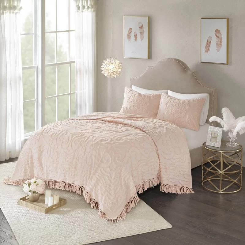 King Blush Cotton Chenille Medallion Fringe Coverlet Set