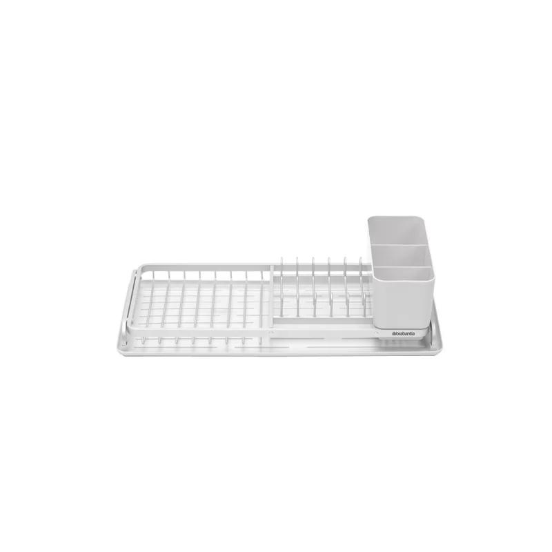 Compact Light Gray Aluminum Dish Rack with Utensil Cup