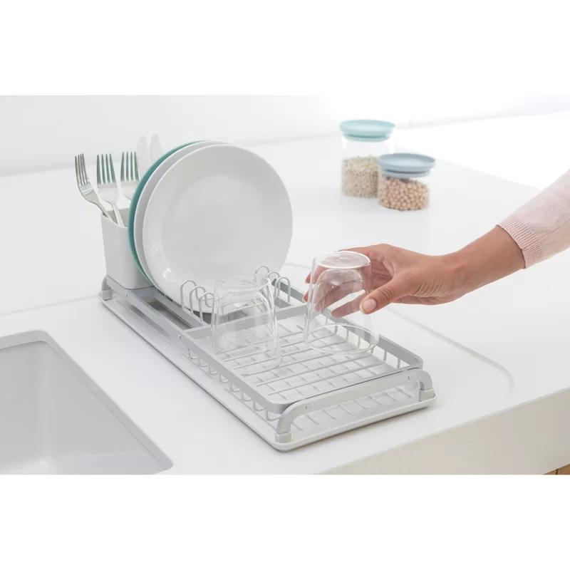 Compact Light Gray Aluminum Dish Rack with Utensil Cup