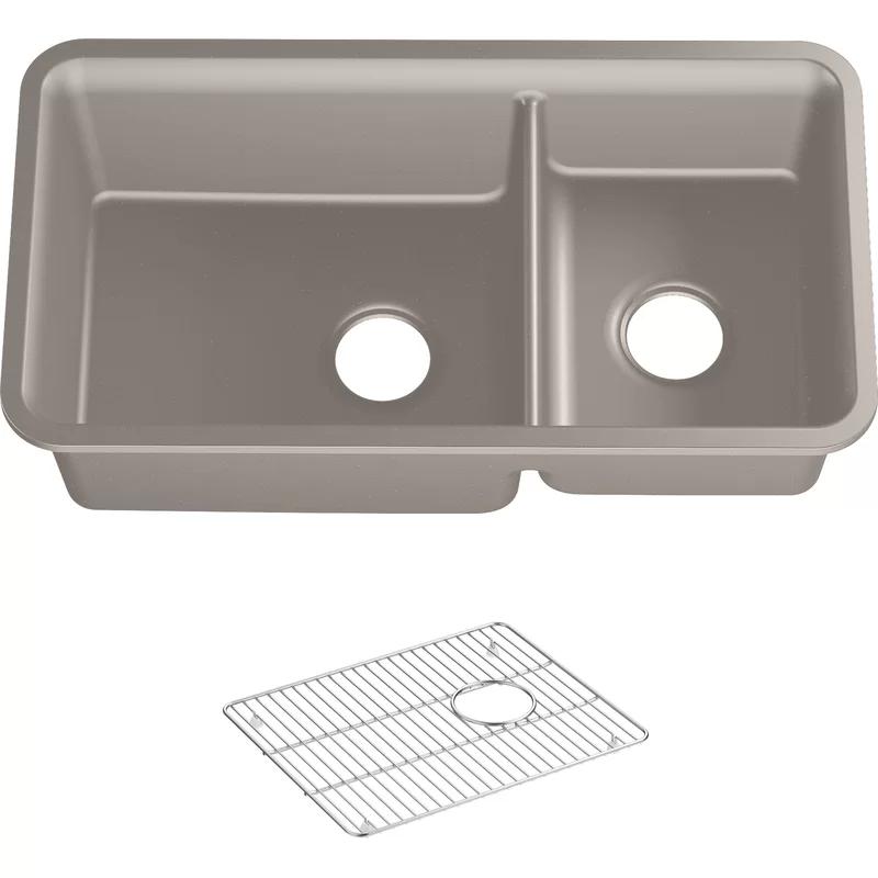 Matte Taupe 34" Double Basin Undermount Kitchen Sink with Accessories