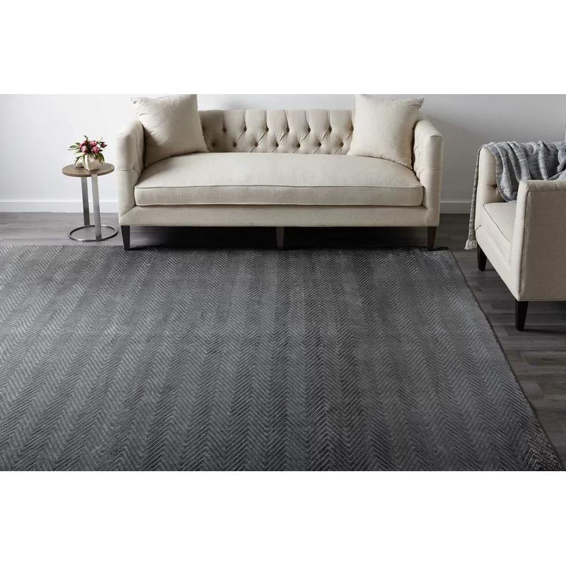 Charcoal Herringbone Hand-Knotted Viscose 8' x 10' Area Rug