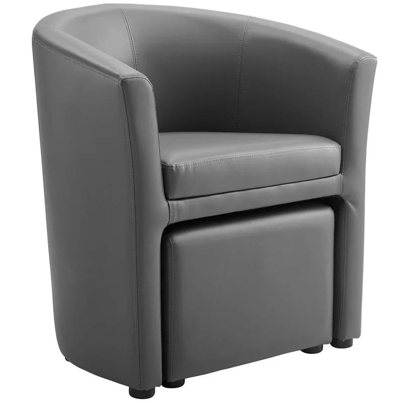 Streamlined Gray Faux Leather Barrel Armchair with Ottoman