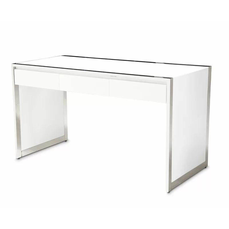 White and Silver Glass Home Office Desk with Drawers