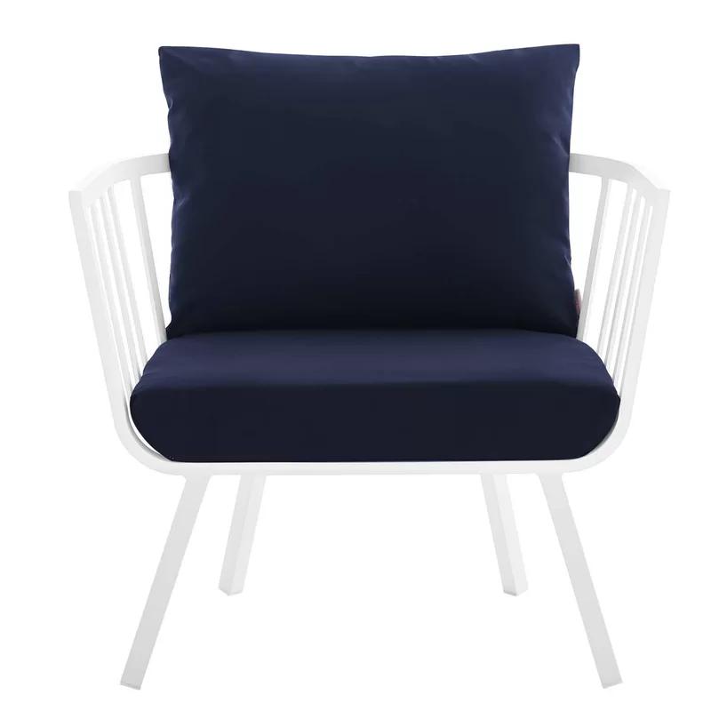 Riverside Coastal White Aluminum Outdoor Chair with Navy Cushions