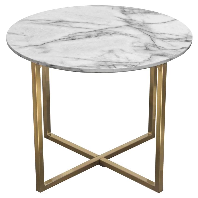 23.75" Contemporary Faux Marble Round End Table with Gold Metal Frame