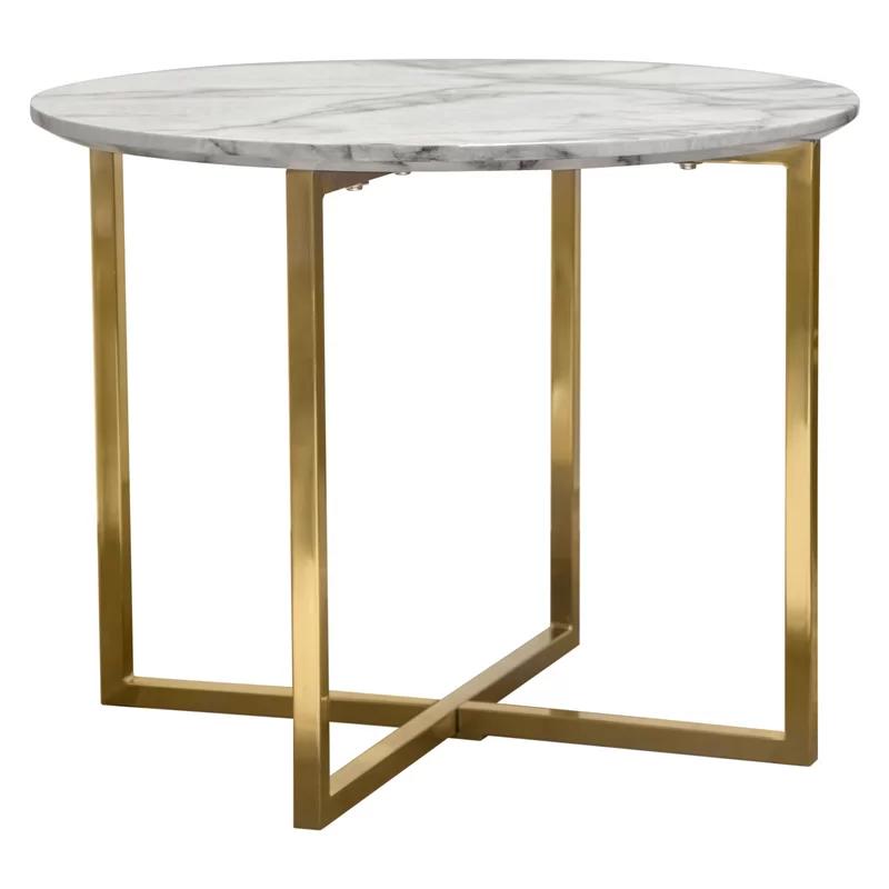 23.75" Contemporary Faux Marble Round End Table with Gold Metal Frame