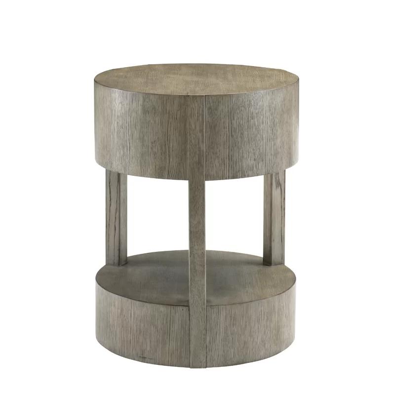 Transitional Gray Drum-Shaped Wood End Table with Open Shelf