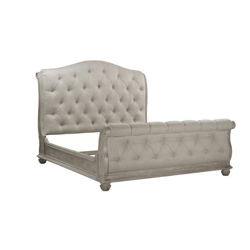 Beige King Upholstered Tufted Sleigh Bed with Storage Drawer