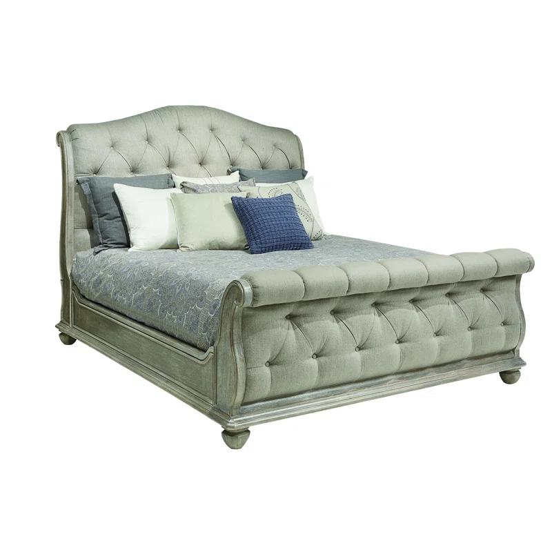 Beige King Upholstered Tufted Sleigh Bed with Storage Drawer