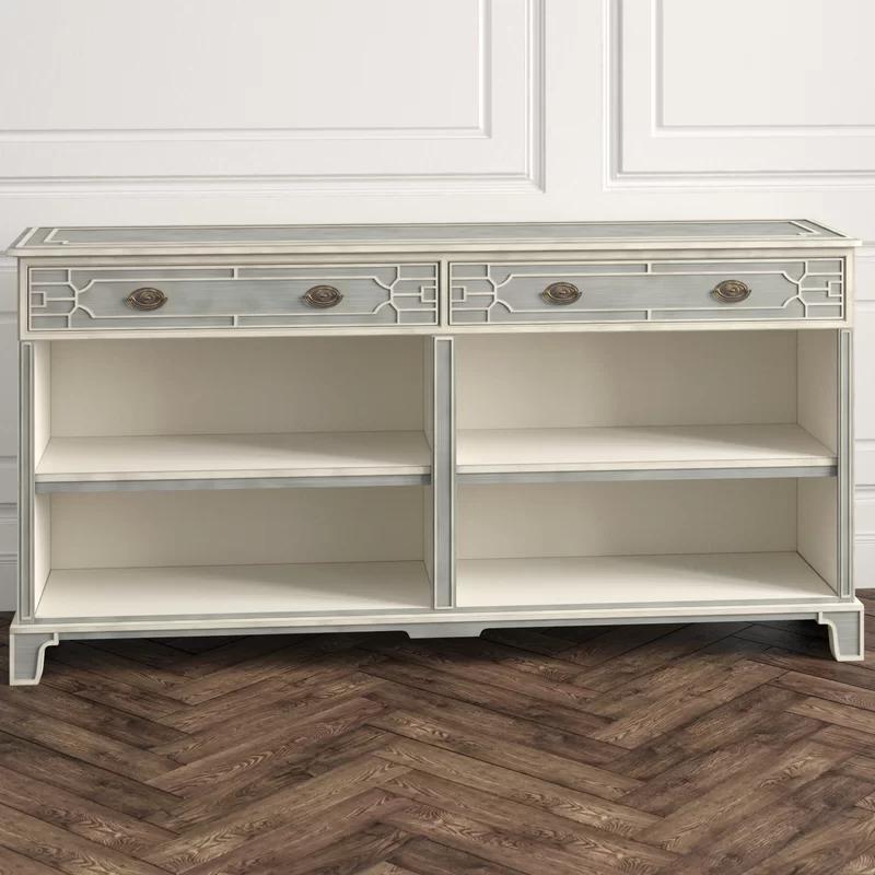 Light Stockton Grey Limestone Low Bookcase Console with Brass Handles