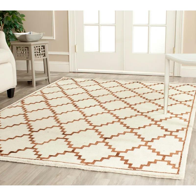 Ivory and Brown Hand-Knotted Wool Geometric Rug, 4' x 6'