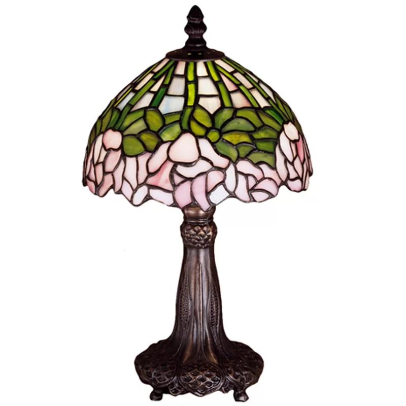 Passion Pink Cabbage Rose 13" Stained Glass & Mahogany Bronze Mini Lamp