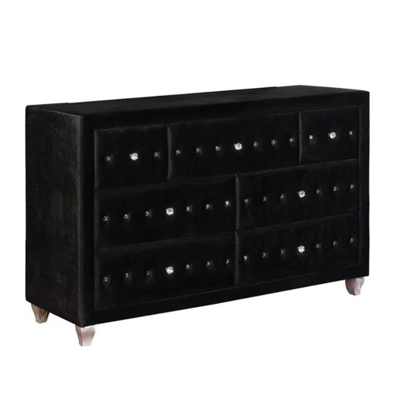 Deanna 60'' Black Velvet 7-Drawer Dresser with Crystal Pulls