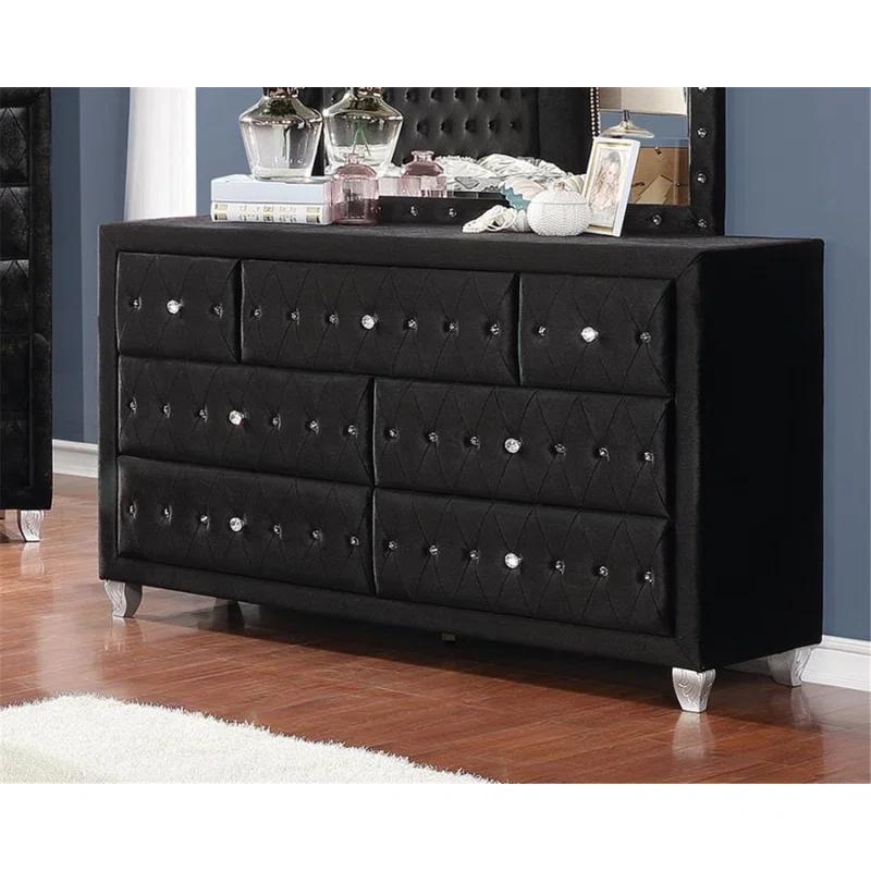 Deanna 60'' Black Velvet 7-Drawer Dresser with Crystal Pulls