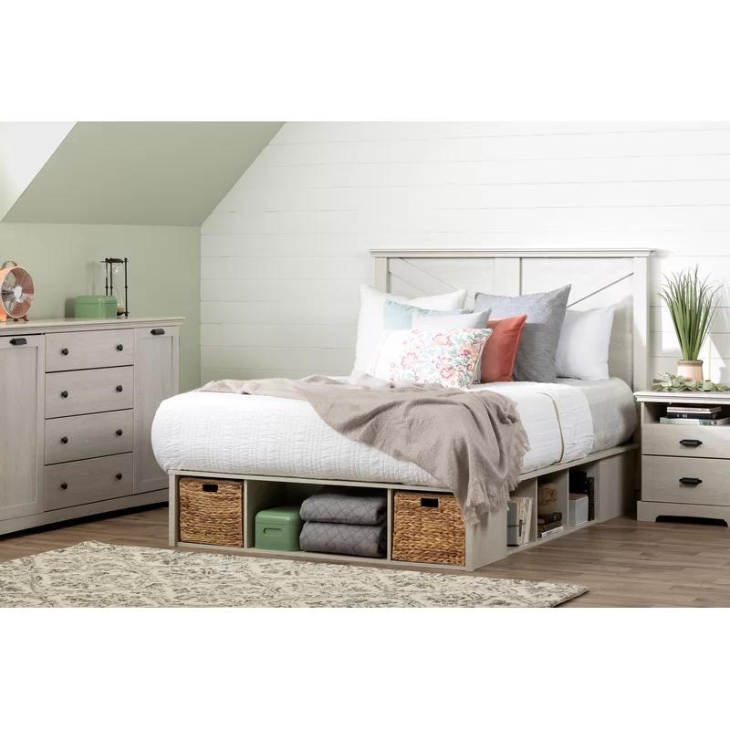 Winter Oak Queen Storage Platform Bed with Wicker Baskets