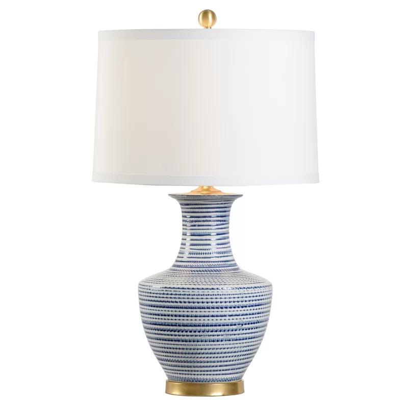 Coastal Blue-White Glazed Ceramic Table Lamp with Off-White Silk Shade