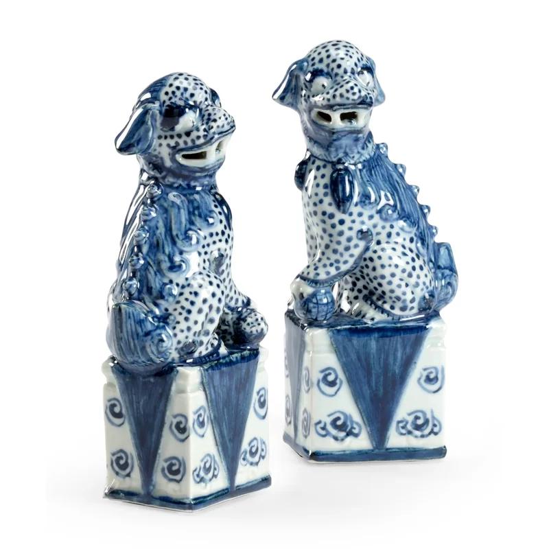 Blue and White Ceramic Palace Dog Figurine, 6.8"
