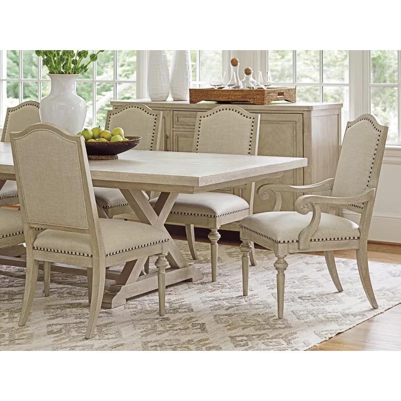 Contemporary Linen Beige Upholstered Side Chair with Smoked Nickel Details