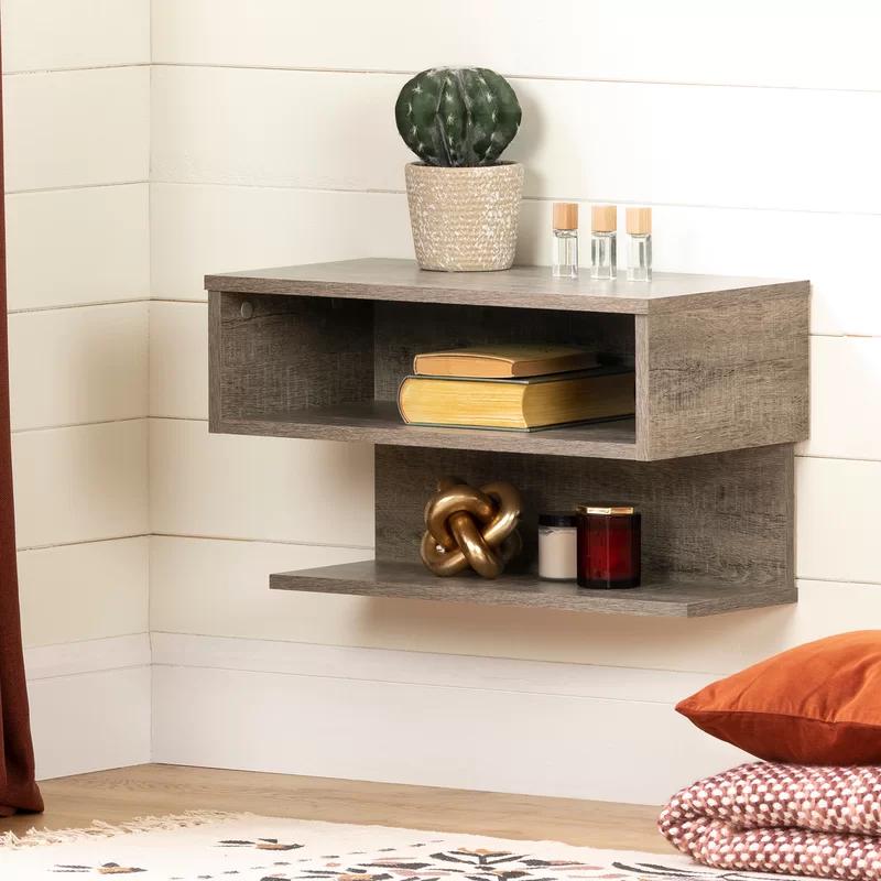 Weathered Oak Modern Floating Nightstand with Open Shelves