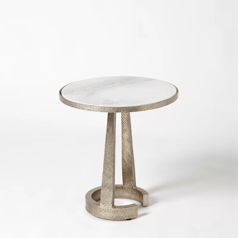 Handcrafted Nickel Finish C Table with White Marble Top