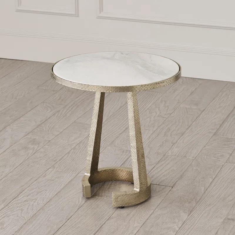 Handcrafted Nickel Finish C Table with White Marble Top