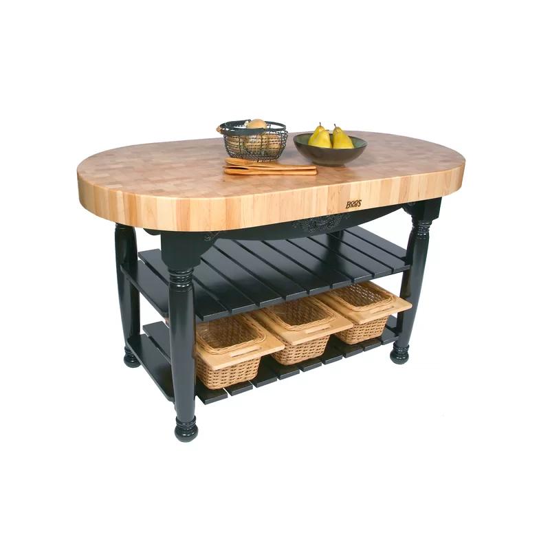 Harvest 60" Oval Maple Butcher-Block Table with Wicker Baskets in Caviar Black