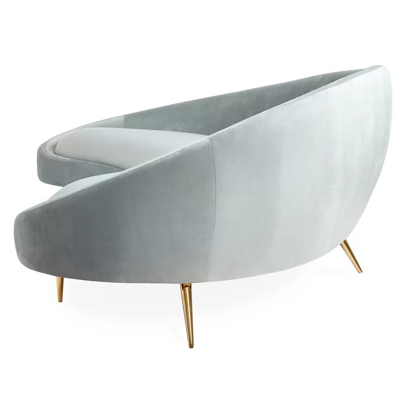 Bergamo Azure Velvet Ether Curved Sofa with Polished Brass Legs