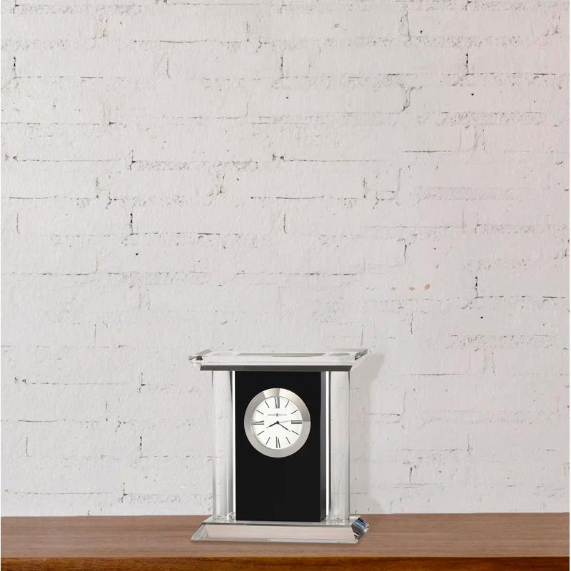 Colonnade Modern & Contemporary Roman Numeral Crystal Quartz Movement / Crystal Tabletop Clock in Black Glass/Silver