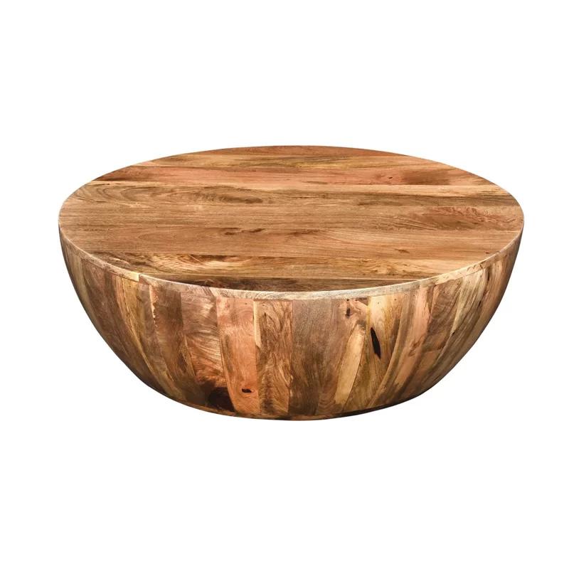 Rustic Mango Wood 35.5" Round Outdoor Drum Coffee Table in Dark Brown