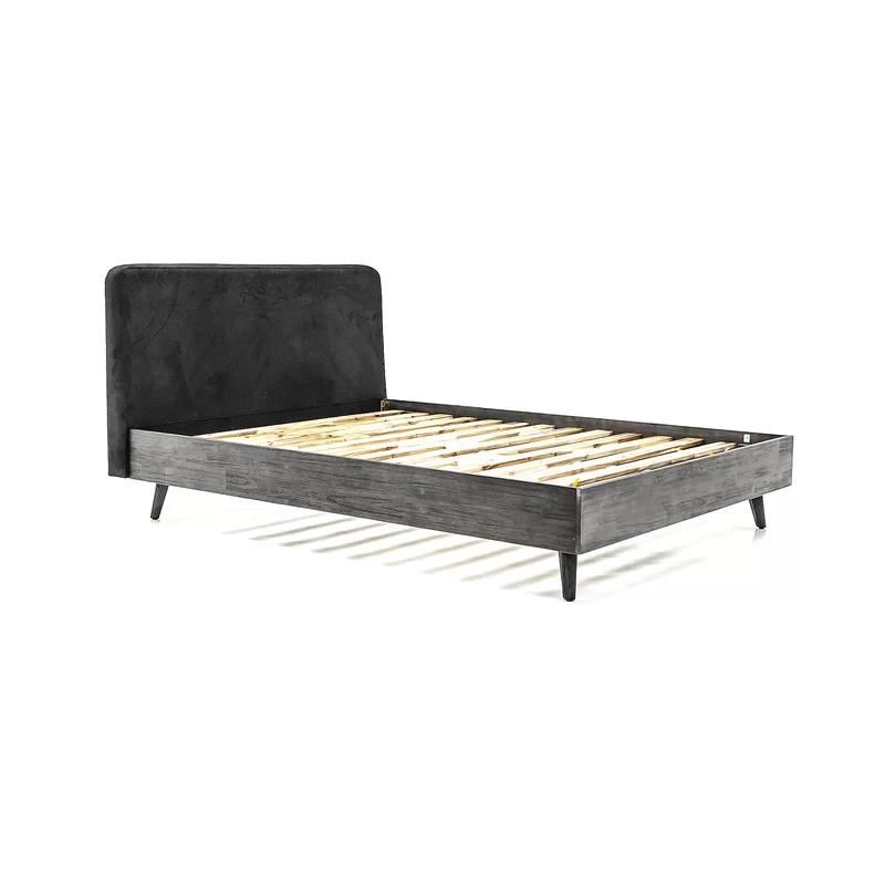 Mid-Century Modern Gray Upholstered Queen Bed with Storage Drawer