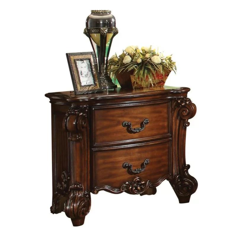 Elegant Cherry Brown Traditional Nightstand with Carved Details - 2 Drawers