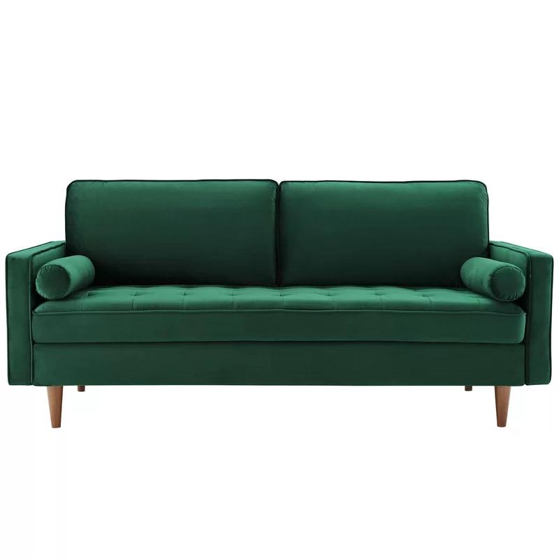 Mid-Century Modern 73'' Green Velvet Tufted Sofa with Wood Legs