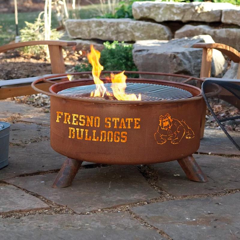 Rustic Round Steel Outdoor Fire Pit with Spark Screen and BBQ Grill