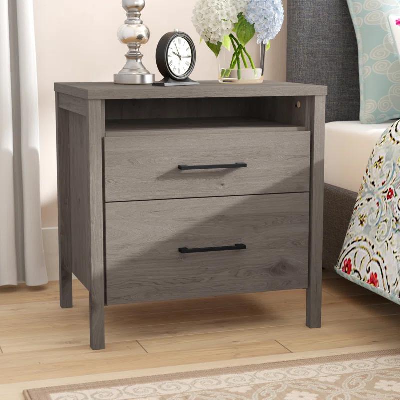 Modern Gray Maple 2-Drawer Laminate Chest with Metal Handles