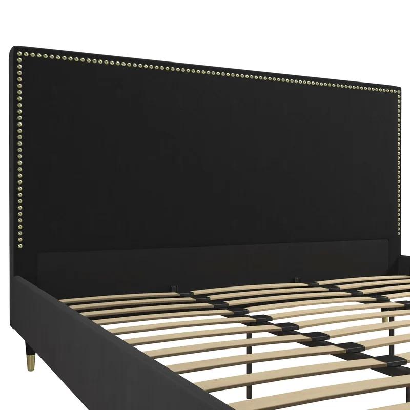 Audrey King Black Velvet Upholstered Platform Bed with Nailhead Trim